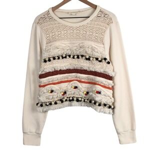Anthropologie Forever That Girl Embellished Boho Pom Pom Fringe Sweatshirt Sz L